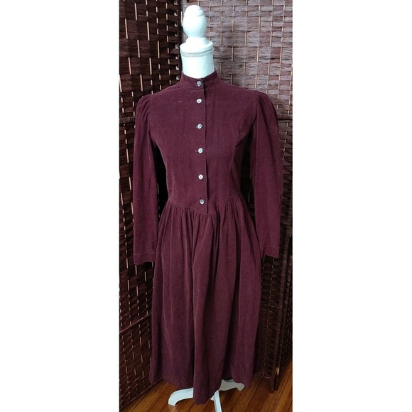 Laura Ashley Dresses & Skirts - Laura Ashley Vintage Corduroy Midi Dress Sz 8 Modest Burgundy Purple Puff Sleeve